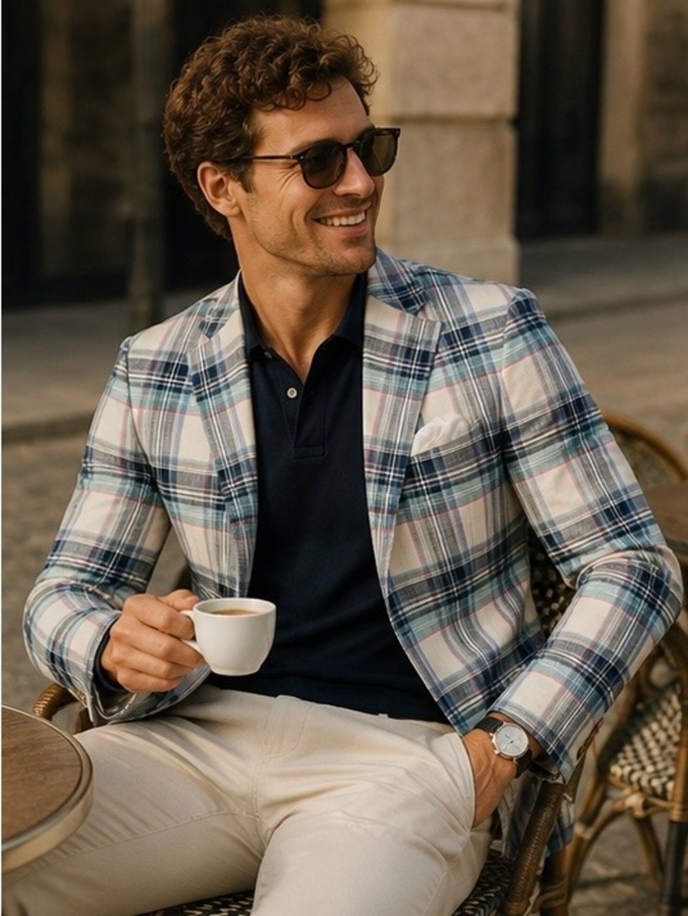 TALLIA Navy & White Plaid Sport Coat with Light Blue Accents 100% Linen NWT 295$